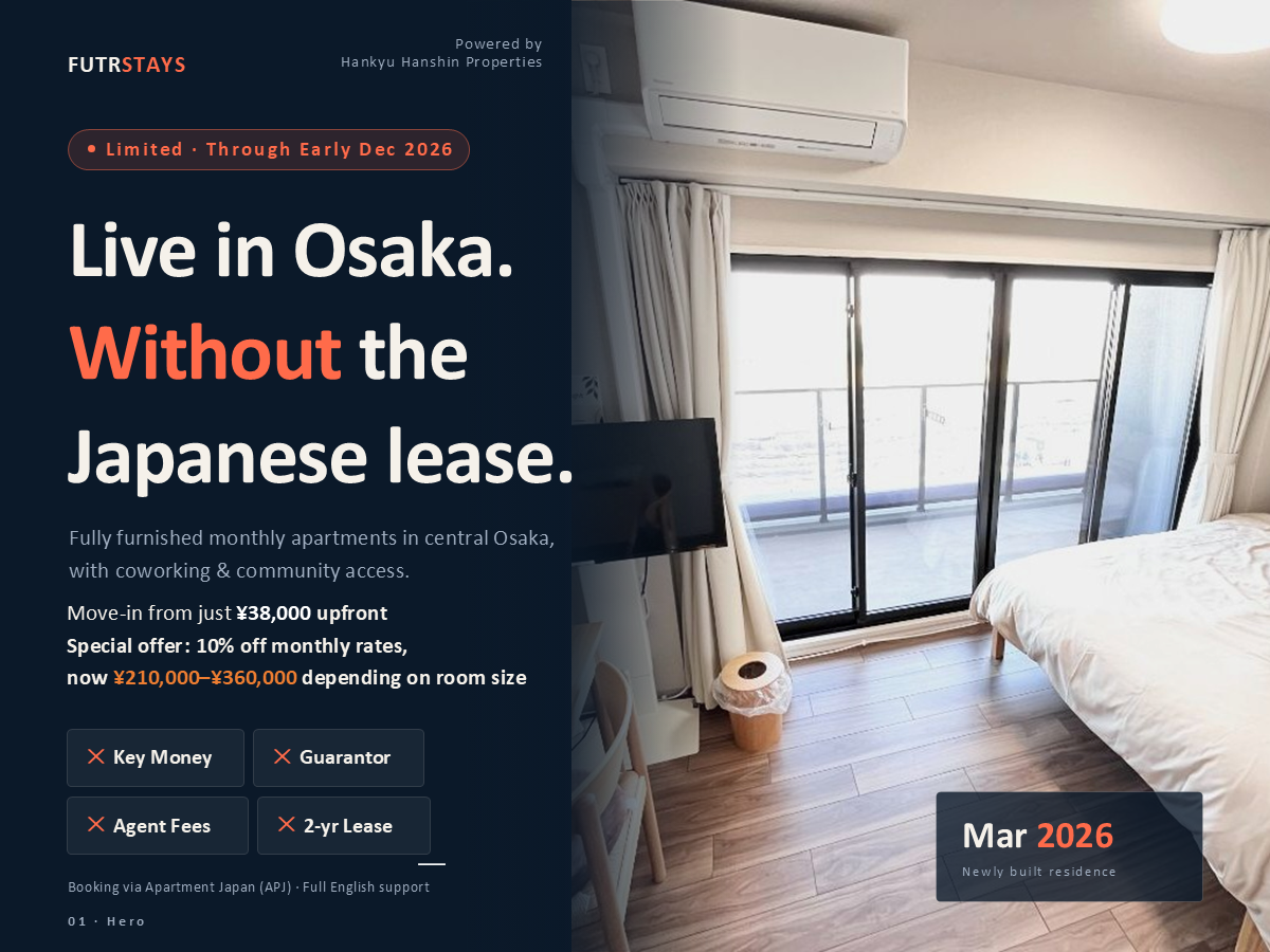 Live in Osaka. No Key Money. No Guarantor. No Hassle.